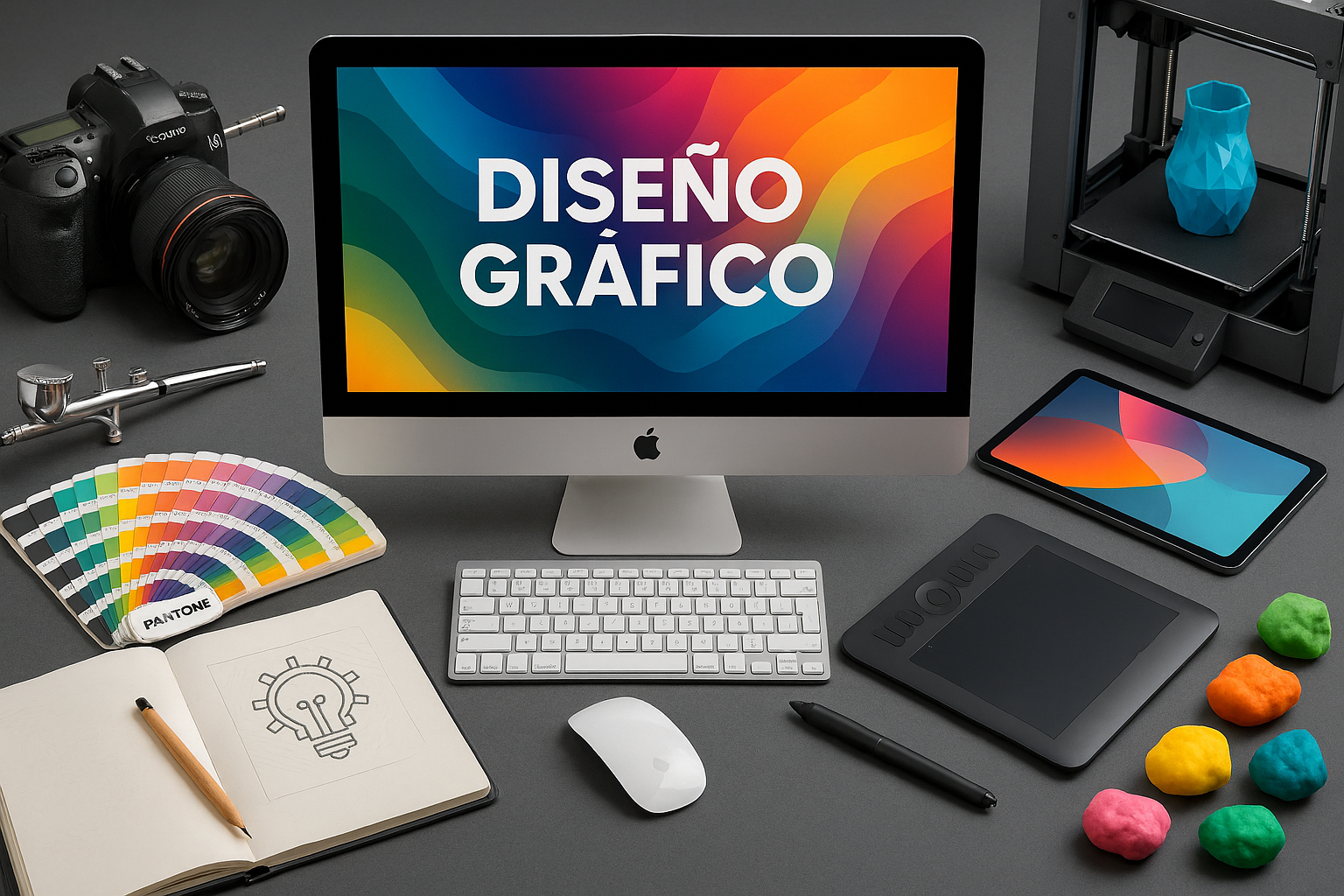 Imagen de elementos de Diseño Gráfico: cámara fotográfica, computadora, pantone, libreta, tablet, impresora 3D